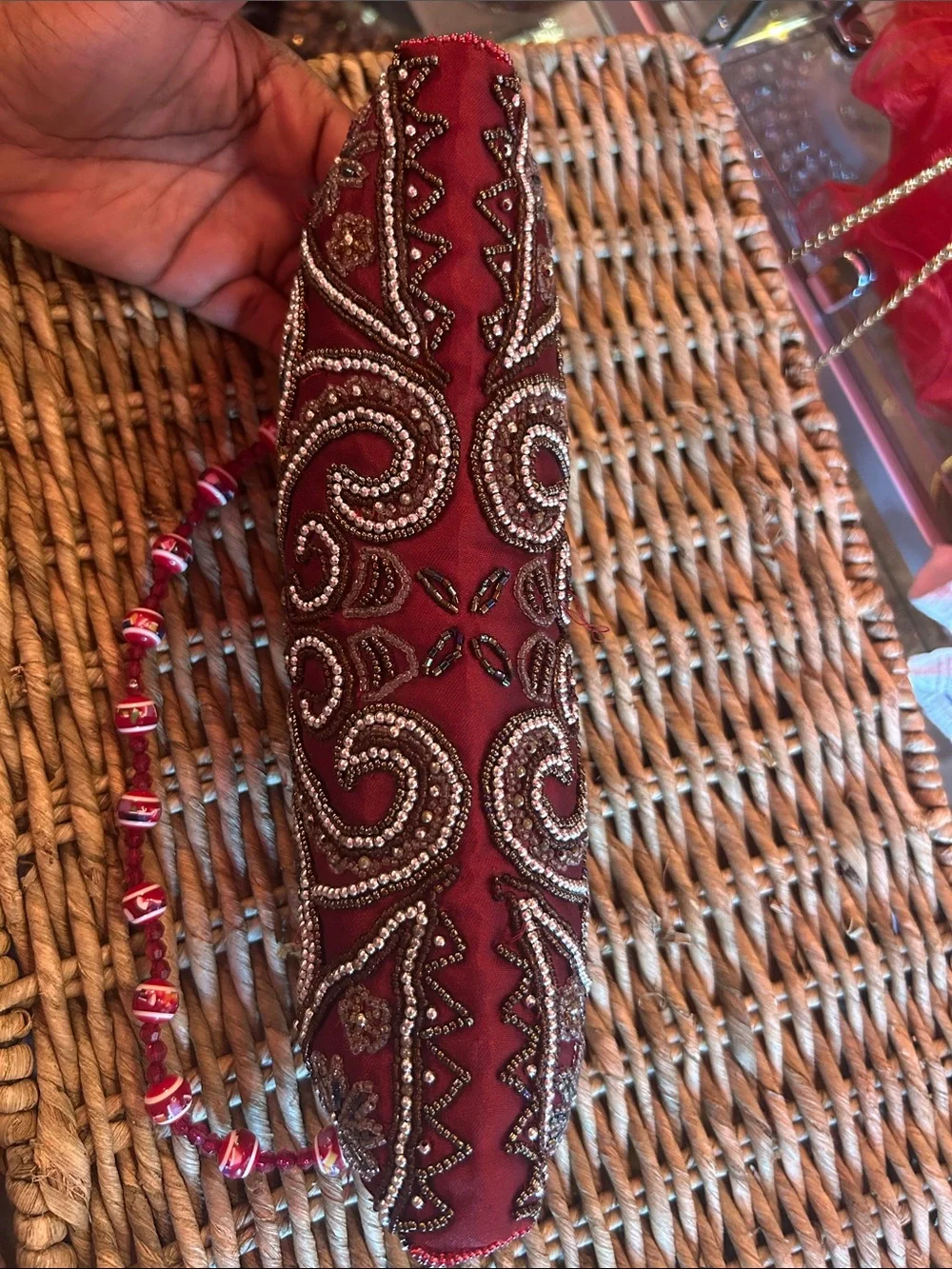 Embellished Beaded Clutch Bag – Red